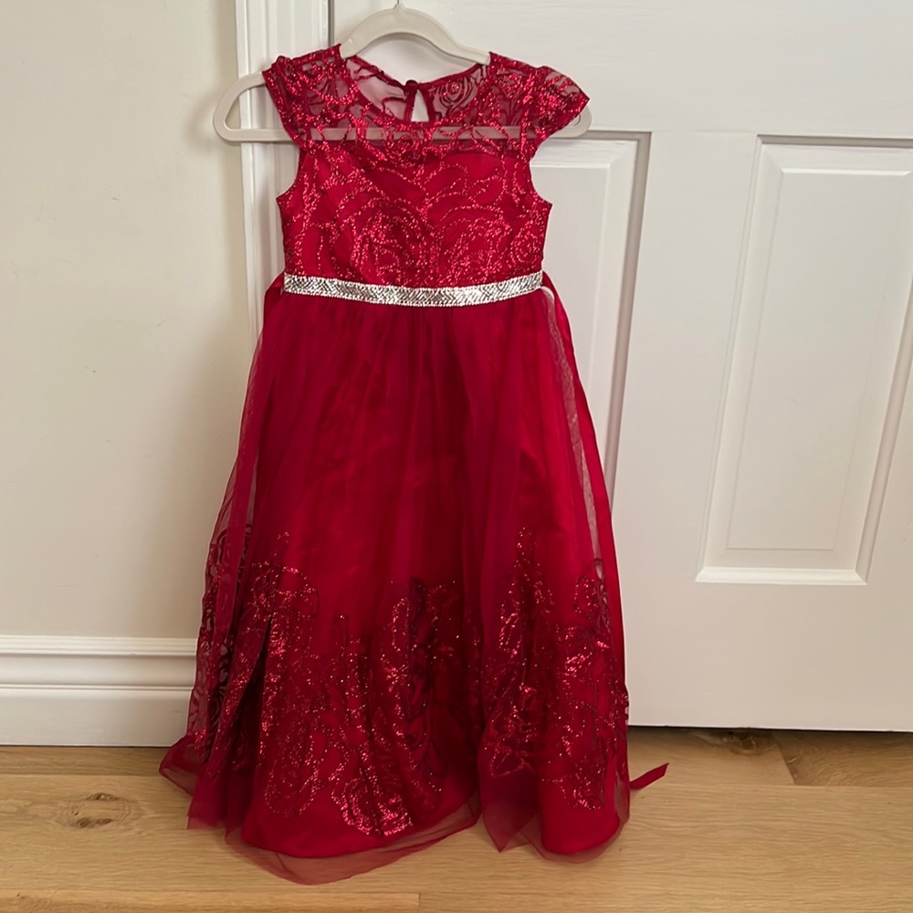 Red Long little girl’s dress size 4/4T.  Glittery with diamond-look waist band